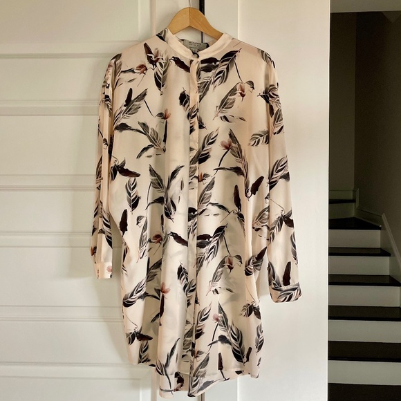All Saints 100% Silk Palest Pink Feathered Print Helle Shirt Dress ~ Size 8 - Picture 1 of 8